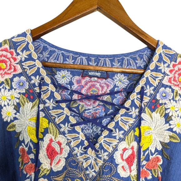 Johnny Was Kitti Dress XL 100% Linen Chambray Floral Embroidered Lace Up Bell Sl - Picture 6 of 11